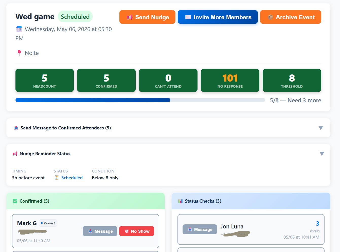 Event detail page — live counts and threshold tracking