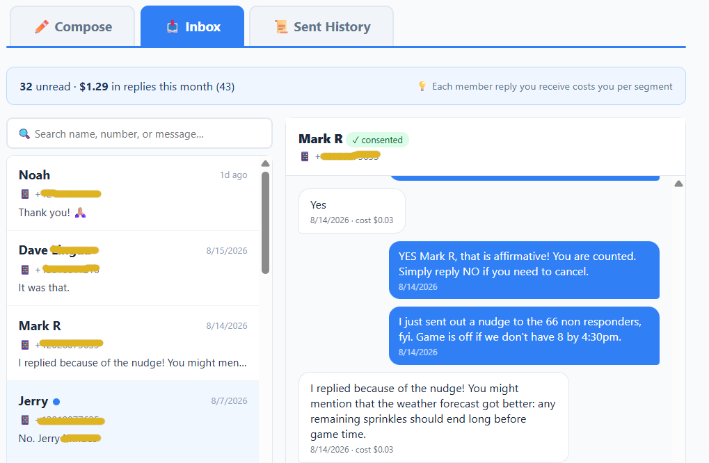 Member replies thread privately to the organizer