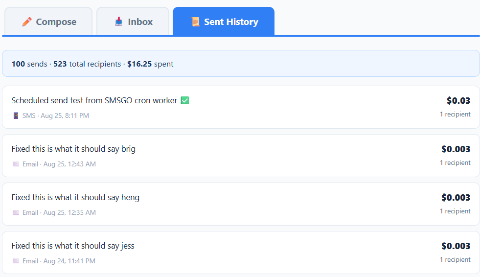 SMSGO Sent History: every campaign with per-message costs, SMS or email