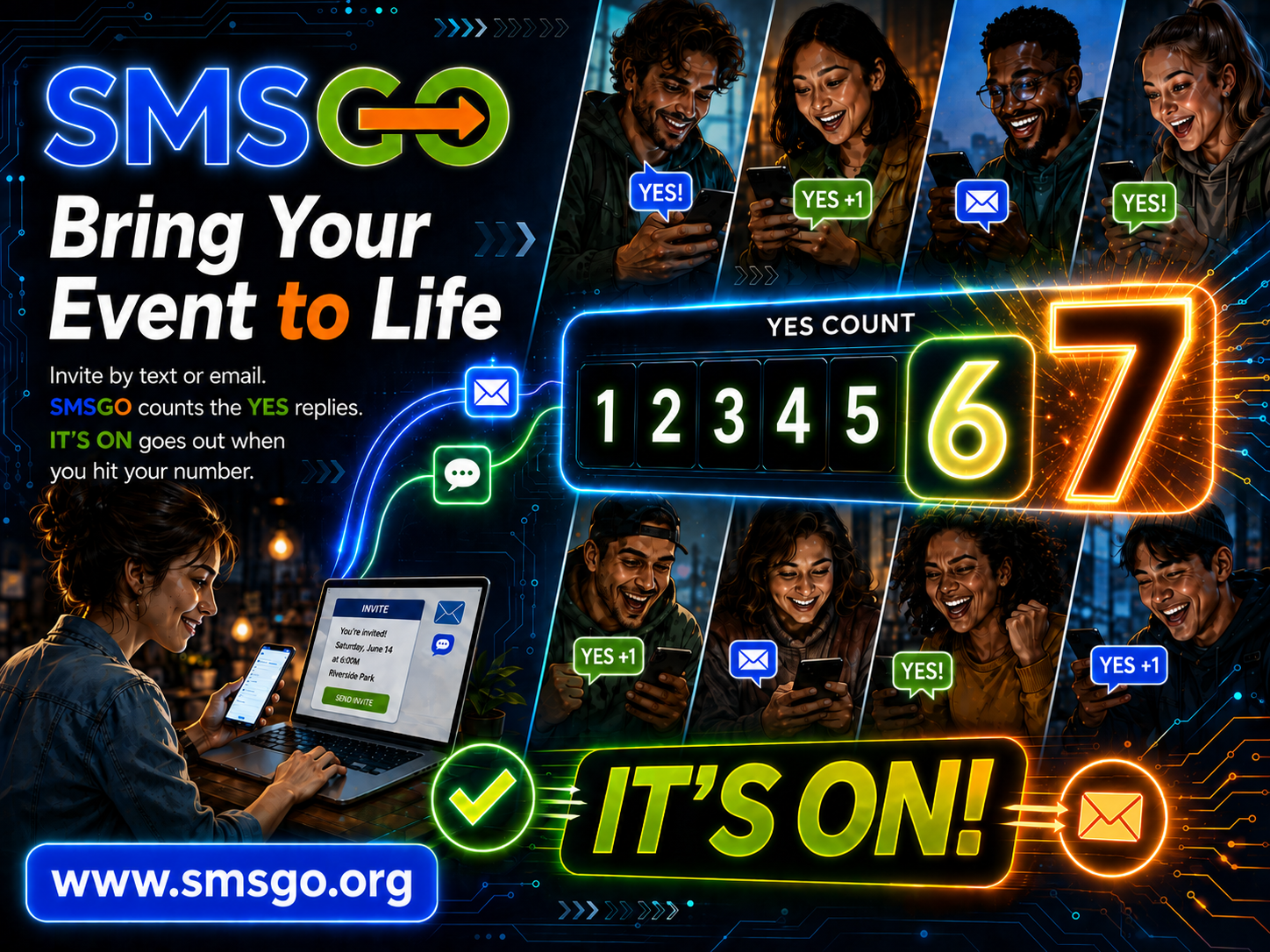 Promotional illustration: Bring Your Event to Life — YES replies counting up to It's ON